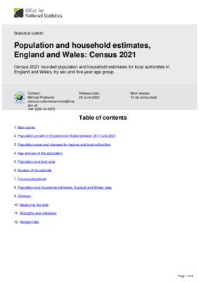 Population and household estimates for Wales (Census 2021).